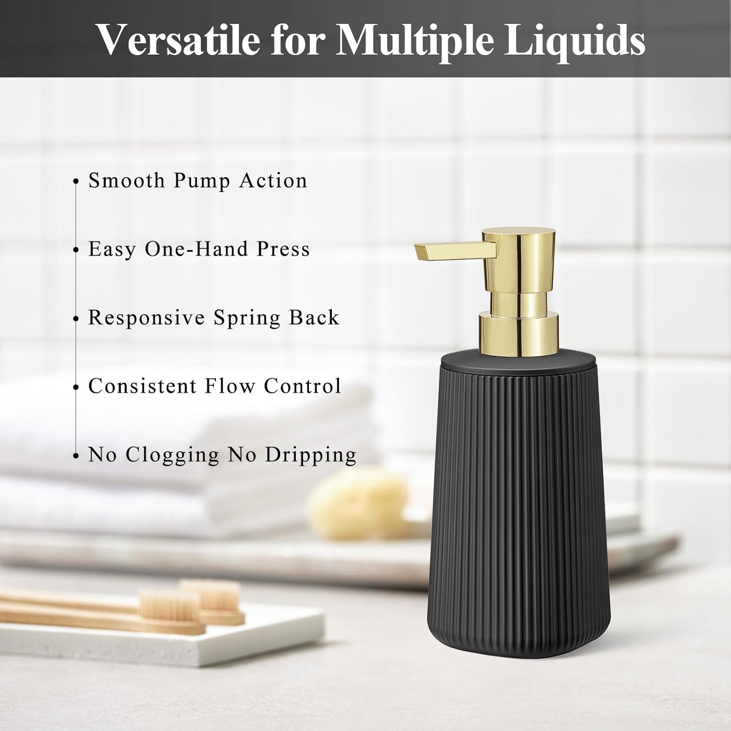Black and Gold 2 Pack Hand Soap Dispensers with No Rust Pump for Bathroom and Kitchen Countertops Refillable Striped Matte Plastic 8.5 oz