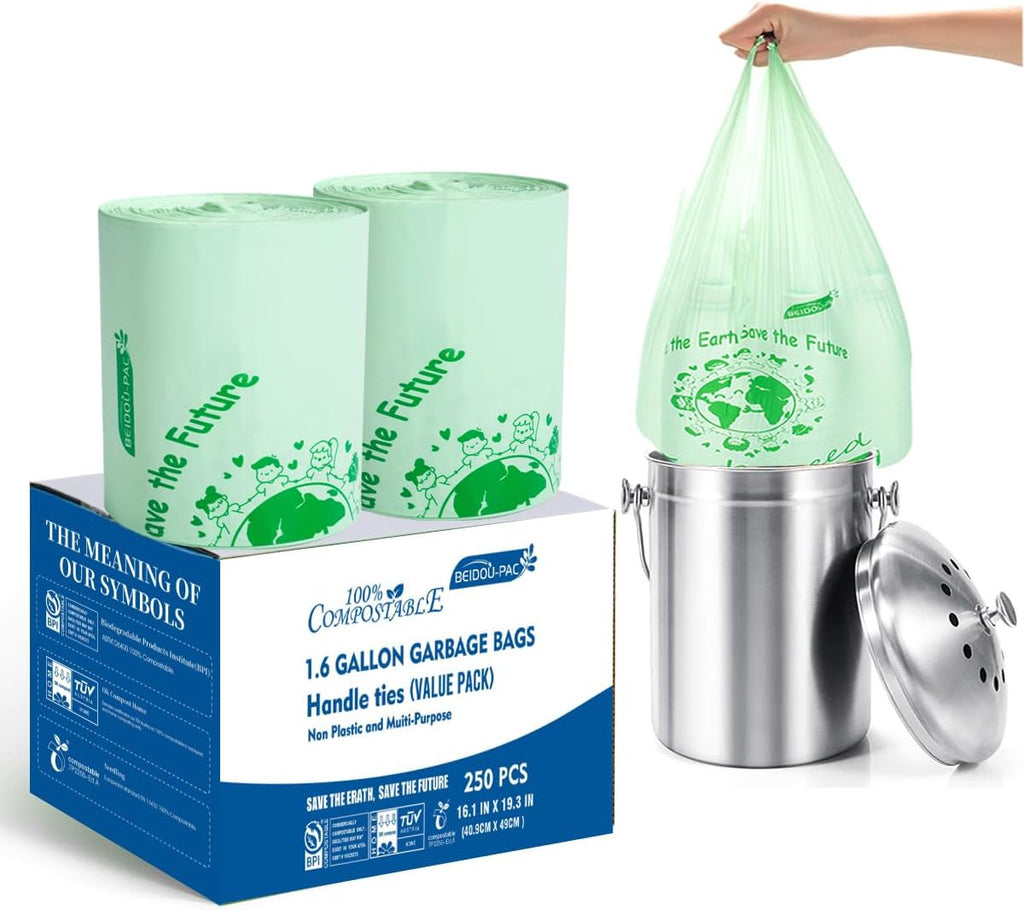 1.6 Gallon Compostable Trash Bags with Handle, 250 Count Small Compost Bags, Biodegradable Kitchen Garbage Bags, Food Scrap Waste Bags for Countertop Bin, ASTM D6400, US BPI Certified