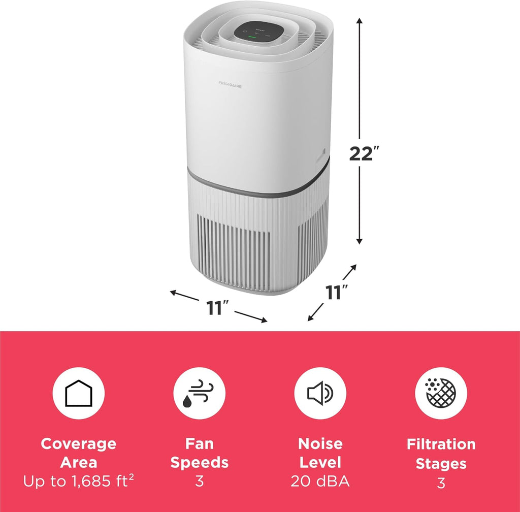Frigidaire PureA300 XL HEPA Air Purifier with Wi-Fi for Large Rooms, Covers up to 1,685 Sq. Ft., 3-Stage Filtration, Energy Star Certification, Air Quality Monitoring, Smart Mode, Ultra Quiet, White