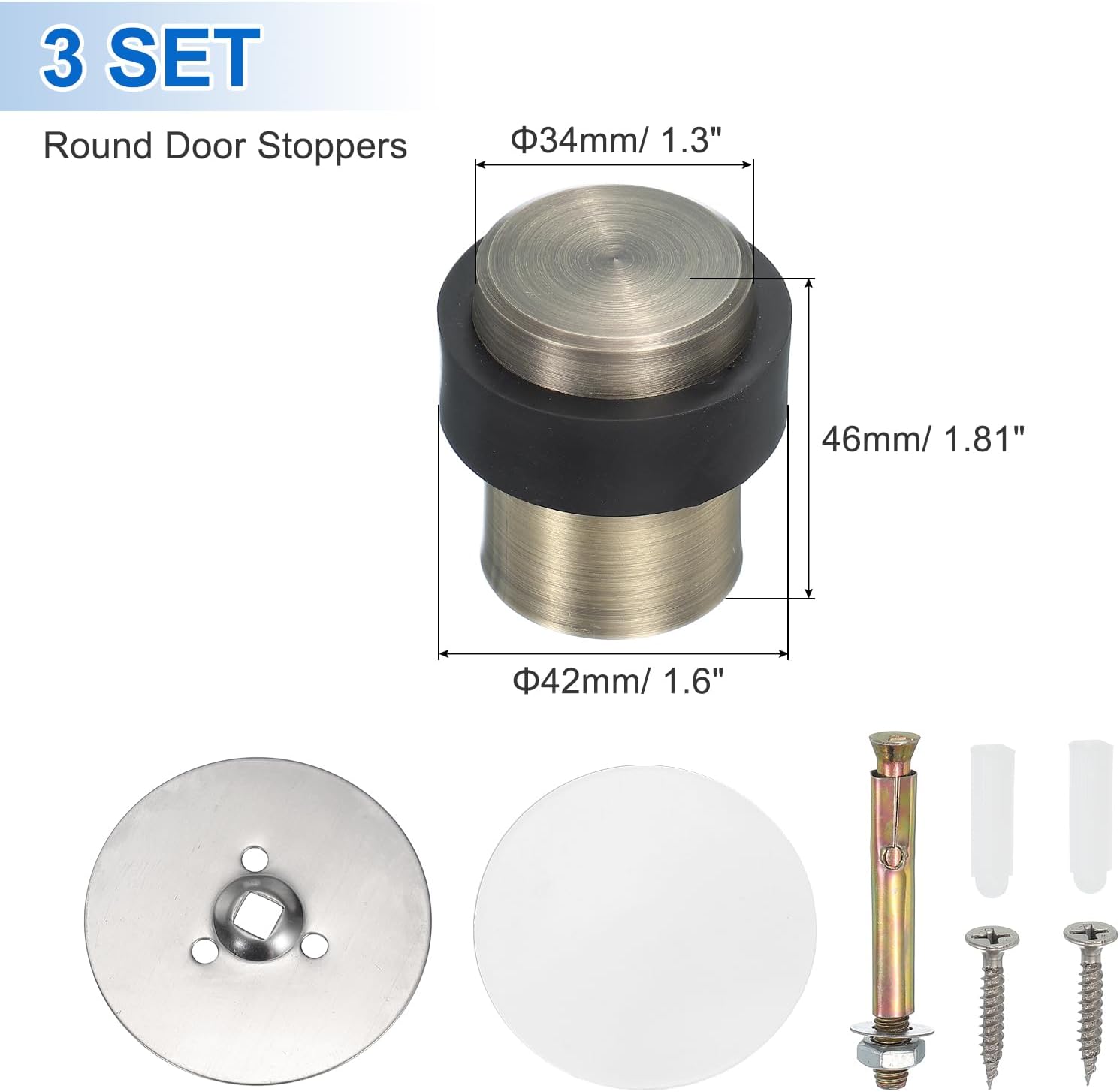 PATIKIL 3Set Round Door Stoppers, 46mm Stainless Steel Door Stop Doorstop Wedge Metal Cylinder Self Adhesive with Screw for Bottom of Door Floor Inside, Bronze