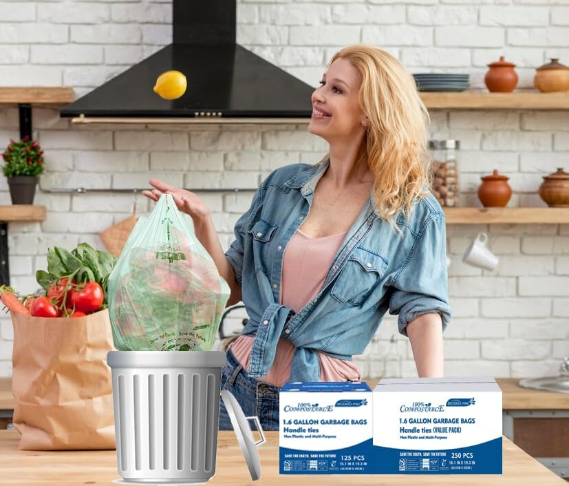 1.6 Gallon Compostable Trash Bags with Handle, 125 Count Small Compost Bags, Biodegradable Kitchen Garbage Bags, Food Scrap Waste Bags for Countertop Bin, ASTM D6400, US BPI Certified
