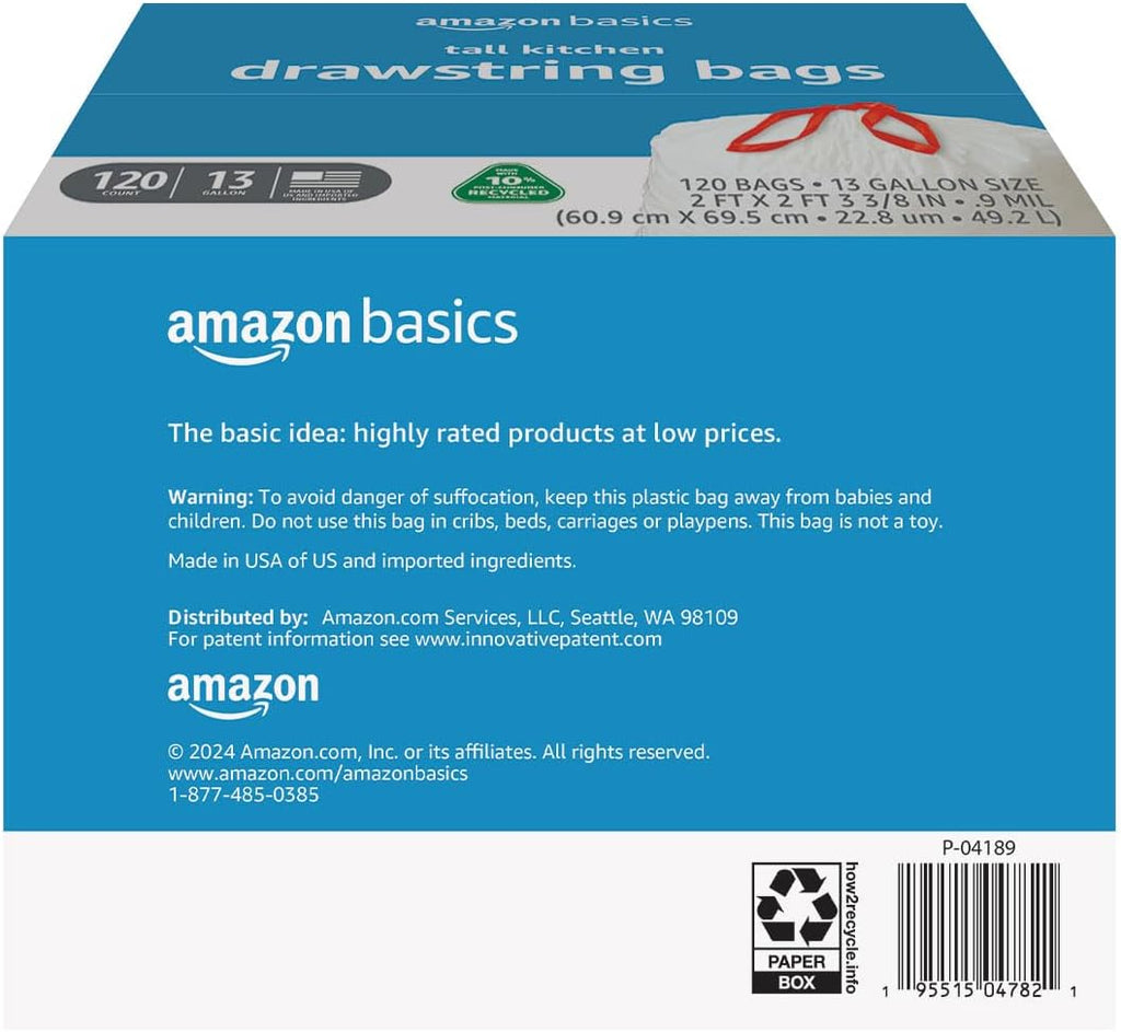 Amazon Basics 13 Gallon Tall Kitchen Drawstring Trash Bags, Unscented, 10% Post Consumer Recycled, 120 Count