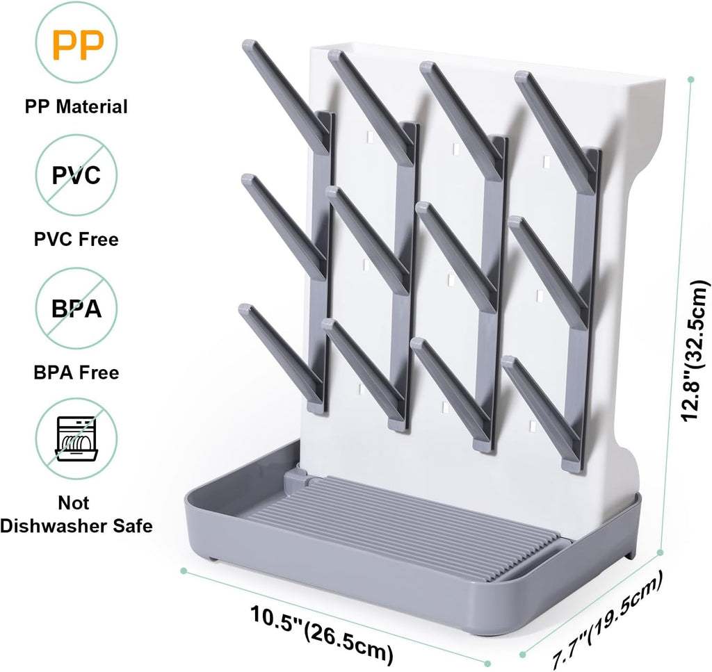 Space Saving Vertical Bottle Drying Rack, Large Countertop Baby Bottle Drying Rack Holder for Baby Bottles and Pump Parts, Gray