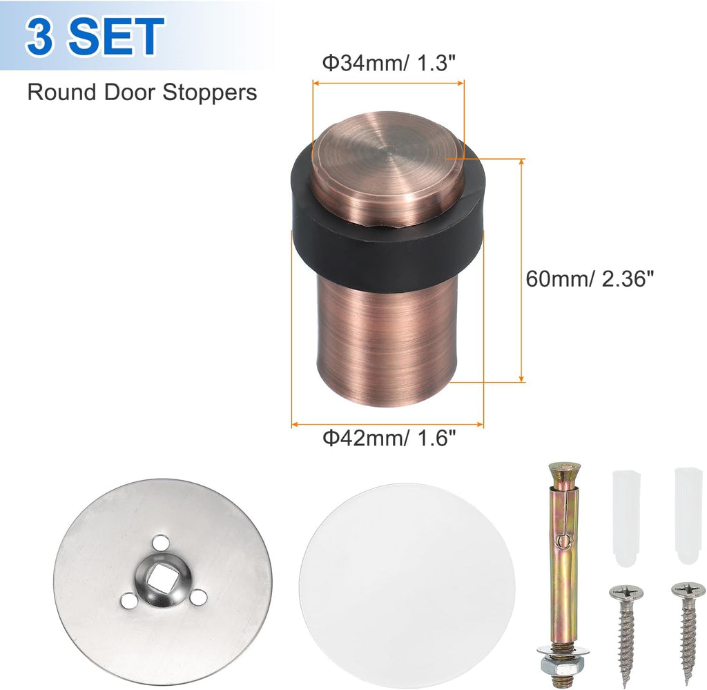 PATIKIL 3Set Round Door Stoppers, 60mm Stainless Steel Door Stop Doorstop Wedge Metal Cylinder Self Adhesive with Screw for Bottom of Door Floor Inside, Gold Tone