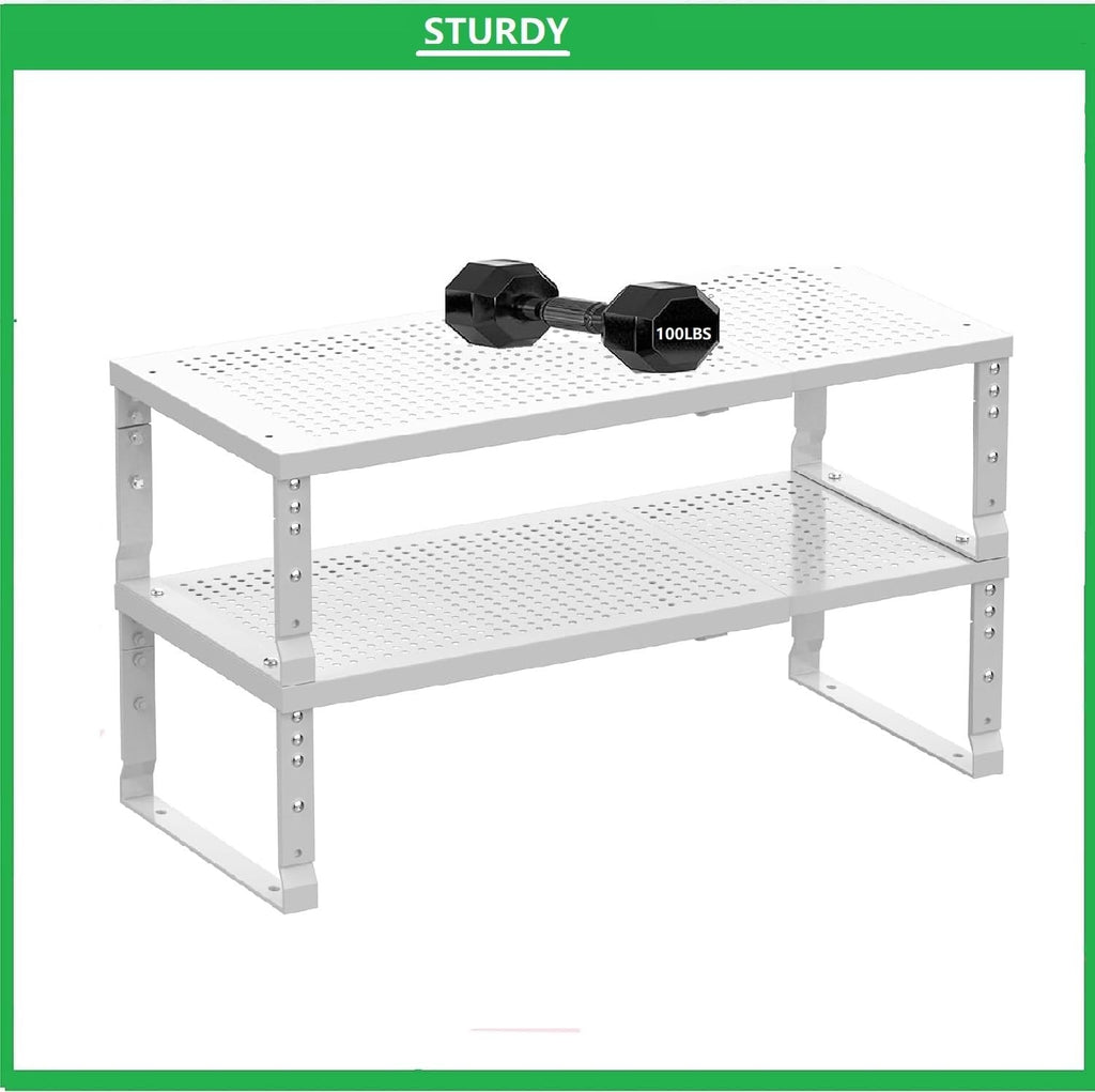 Metal Stackable Expandable Storage Shelf - Multi-Functional Home Storage Shelf, Suitable for Kitchen, Cabinet，Bathroom, Office, Garage, etc.（2PACKS/White/Large