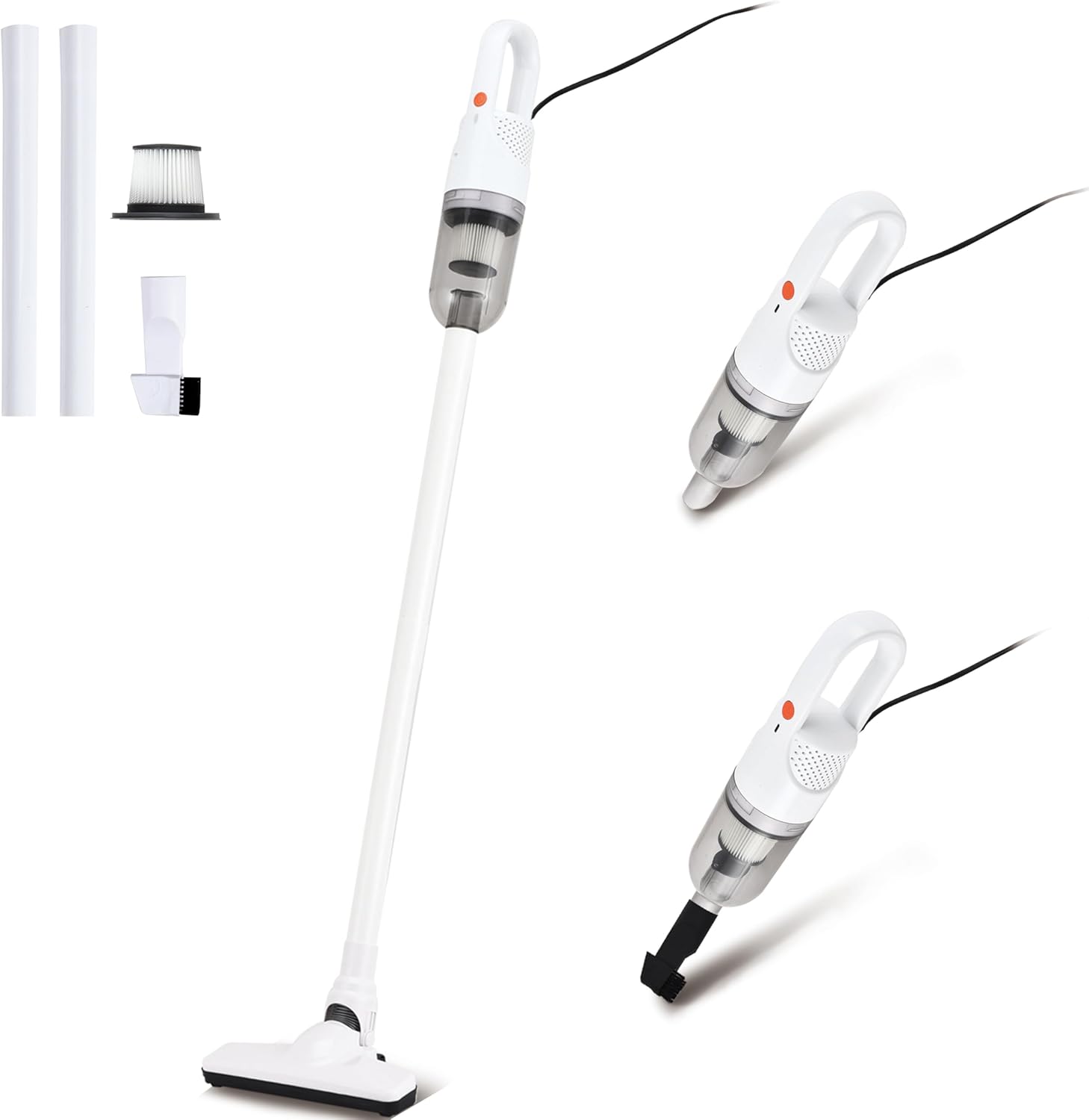 6-in-1 Lightweight Stick Vacuum Cleaner with 100W Powerful Motor, Mini Portable Household Handheld Vacuum Cleaner for Domestic Hard Floors, Carpets and Pet Hair(White Corded)