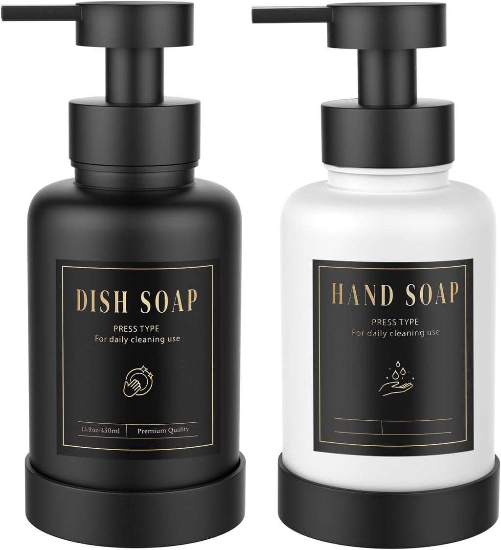 Luxspire Foaming Soap Dispenser, Glass Foam Pump Soap Dispenser, Non-Slip Silicone Sleeve & 5 Waterproof Labels, 15 Oz Refillable Liquid Bottle for Bathroom & Kitchen, Black+White, 2 Pack