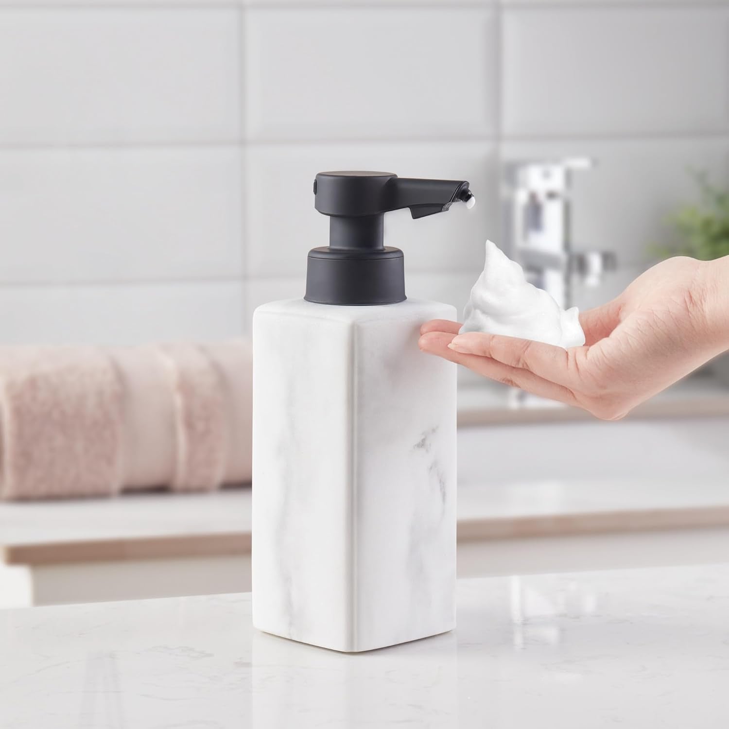 DKNY Hands Free Automatic Liquid Soap Dispenser, Refillable, Rechargeable Touchless Sensor Pump, Elegant Faux Marble Finish, 100% Resin, 1 Piece, 8.6" x 3", White