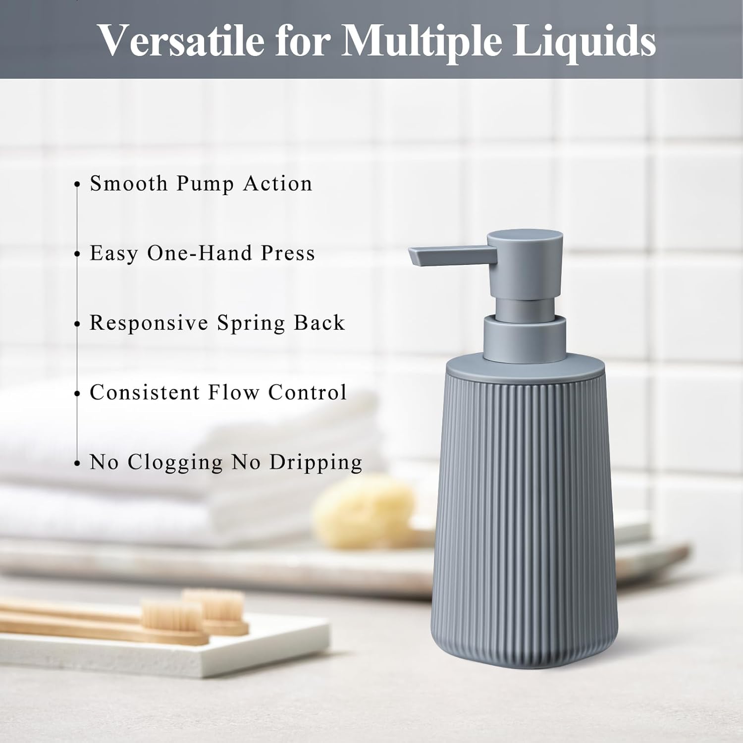 Gray Hand Soap Dispenser with No Rust Pump for Bathroom and Kitchen Countertops Refillable Striped Matte Plastic 8.5 oz