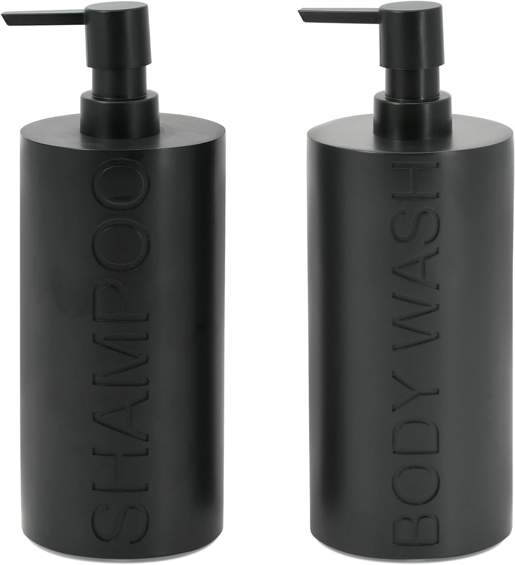 Matte Black Resin 2 Piece Shampoo and Body Wash Dispenser Set, Luxurious Refillable Pump Bottles with Matte Pump Top and Embossed Text, Durable Design for Bathroom and Shower
