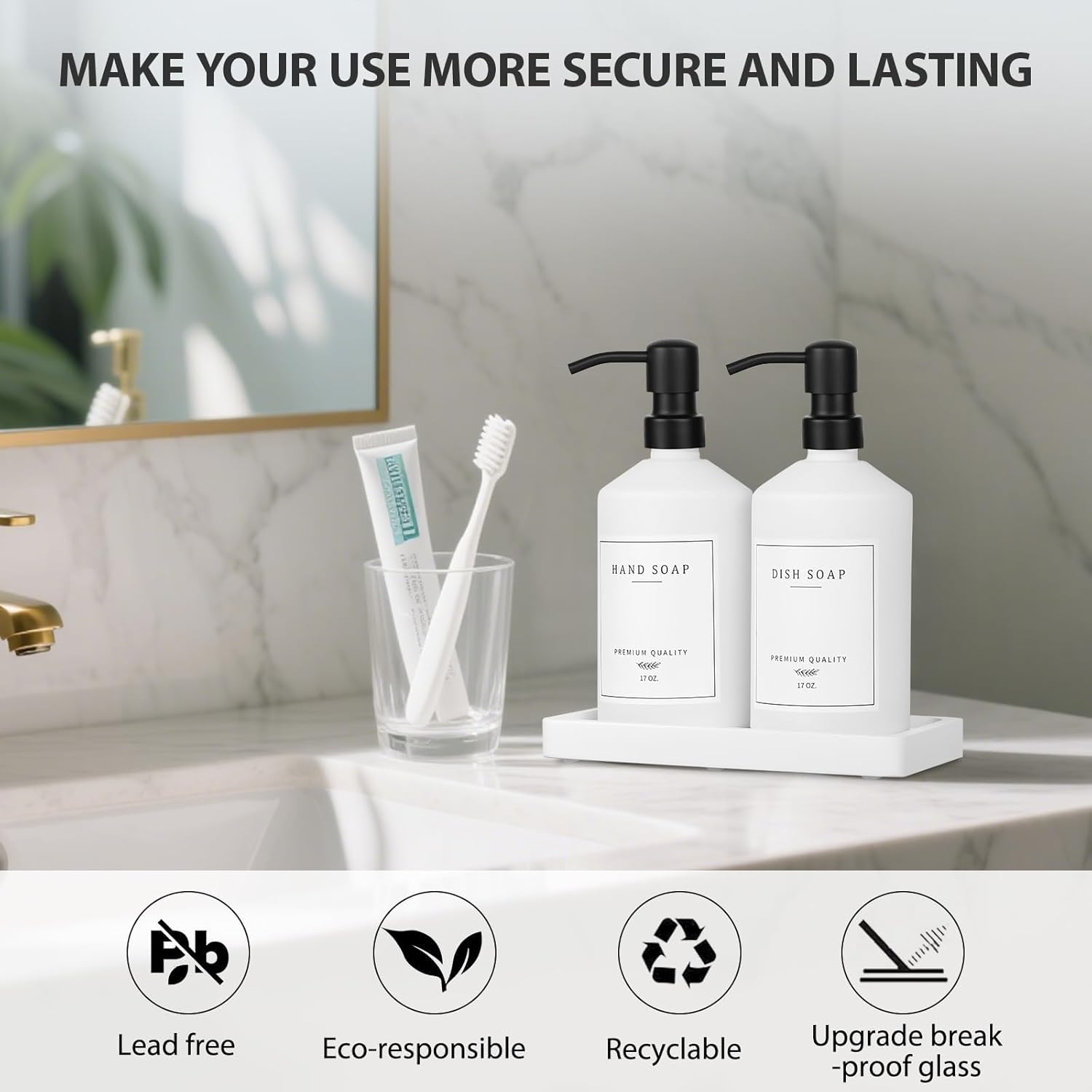 White Glass Kitchen Soap Dispenser Set, 17 OZ Hand and Dish Soap Dispenser Set with Rustproof Stainless Pump, 14 Waterproof Labels, Non-Slip Tray, Modern Bathroom Accessories(White Bottle/Black Pump)