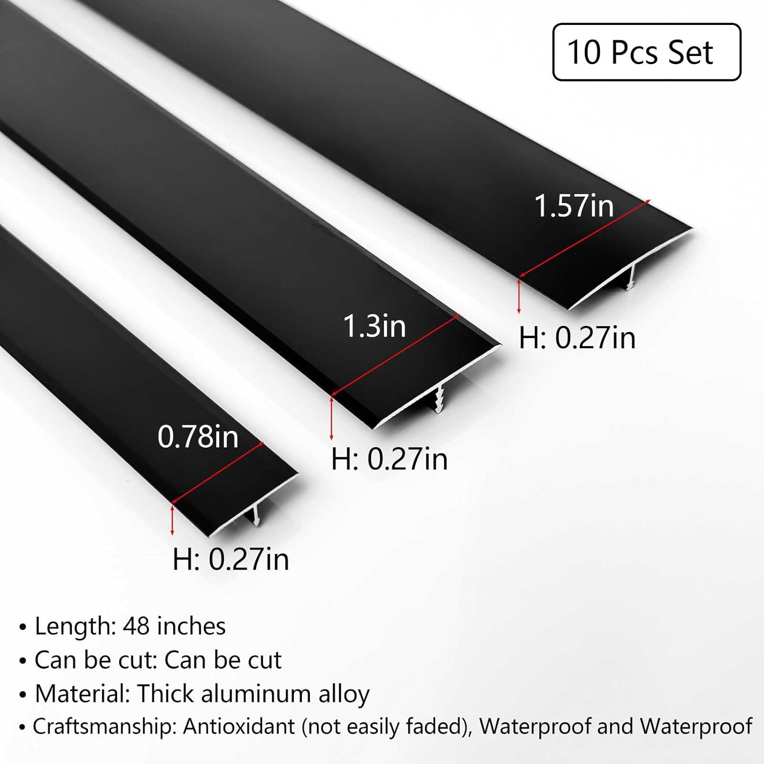 10Pcs Aluminum T Molding Floor Transition Strip, 48In Aluminum T Molding Trim, Floor Strip Floor Flat Divider Strip for Joining Floor Gaps, Threshold, Floor Tiles (Black, 4ft x 1.57in 10Pcs)