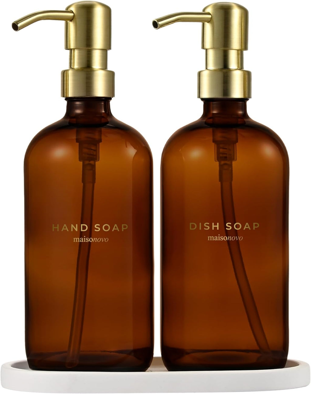 MaisoNovo Soap Dispenser 3-Piece Set | 16.9oz Amber Bottles with Gold Stainless Steel Pumps