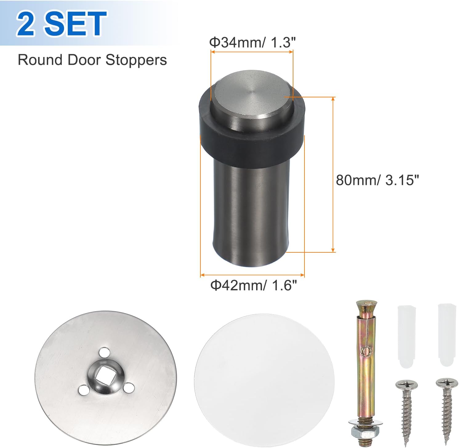 PATIKIL 2Set Round Door Stoppers, 80mm Stainless Steel Door Stop Doorstop Wedge Metal Cylinder Self Adhesive with Screw for Bottom of Door Floor Inside, Gold Tone