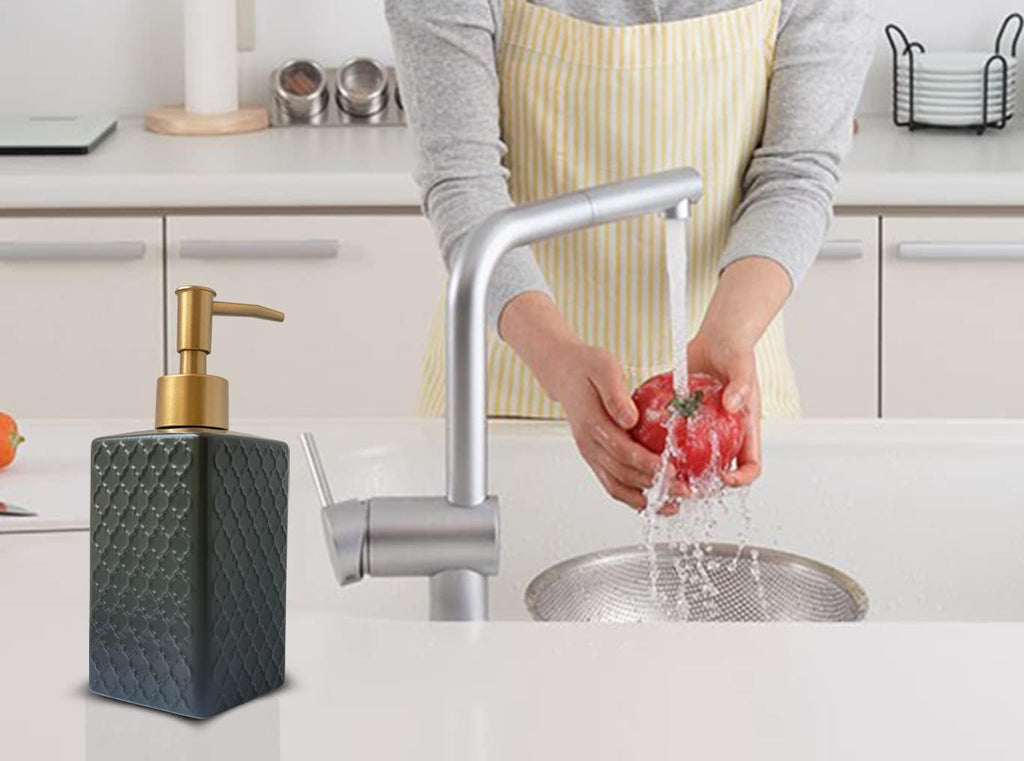 Gold Soap Dispenser for Bathroom,Retro Black Square Lotion Dispenser, Refillable Countertop Ceramic Hand Soap Dispenser,Dish Soap Dispenser for Kitchen 350ml