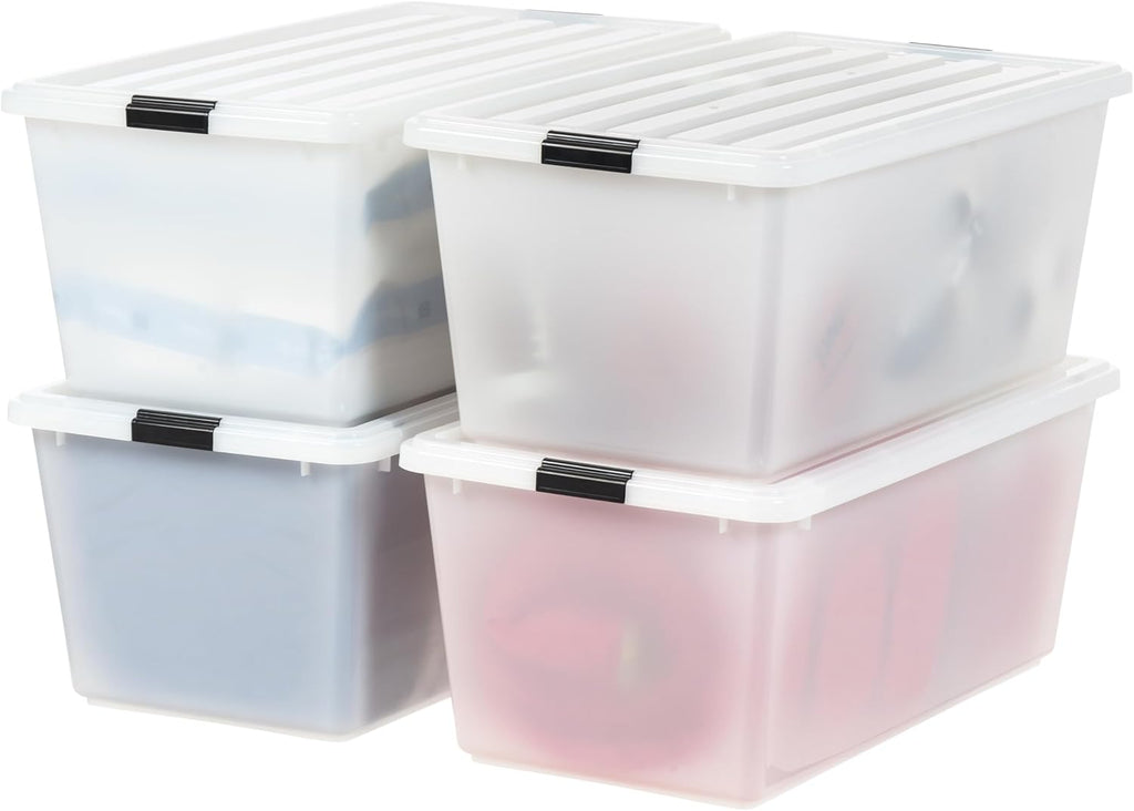 IRIS USA 91 Qt Stackable Plastic Storage Bins with Lids, 4 Pack - BPA-Free, Discreet Organizing Solution, Latches, Durable Nestable Containers, Secure Pull Handle, Made in USA - Pearl