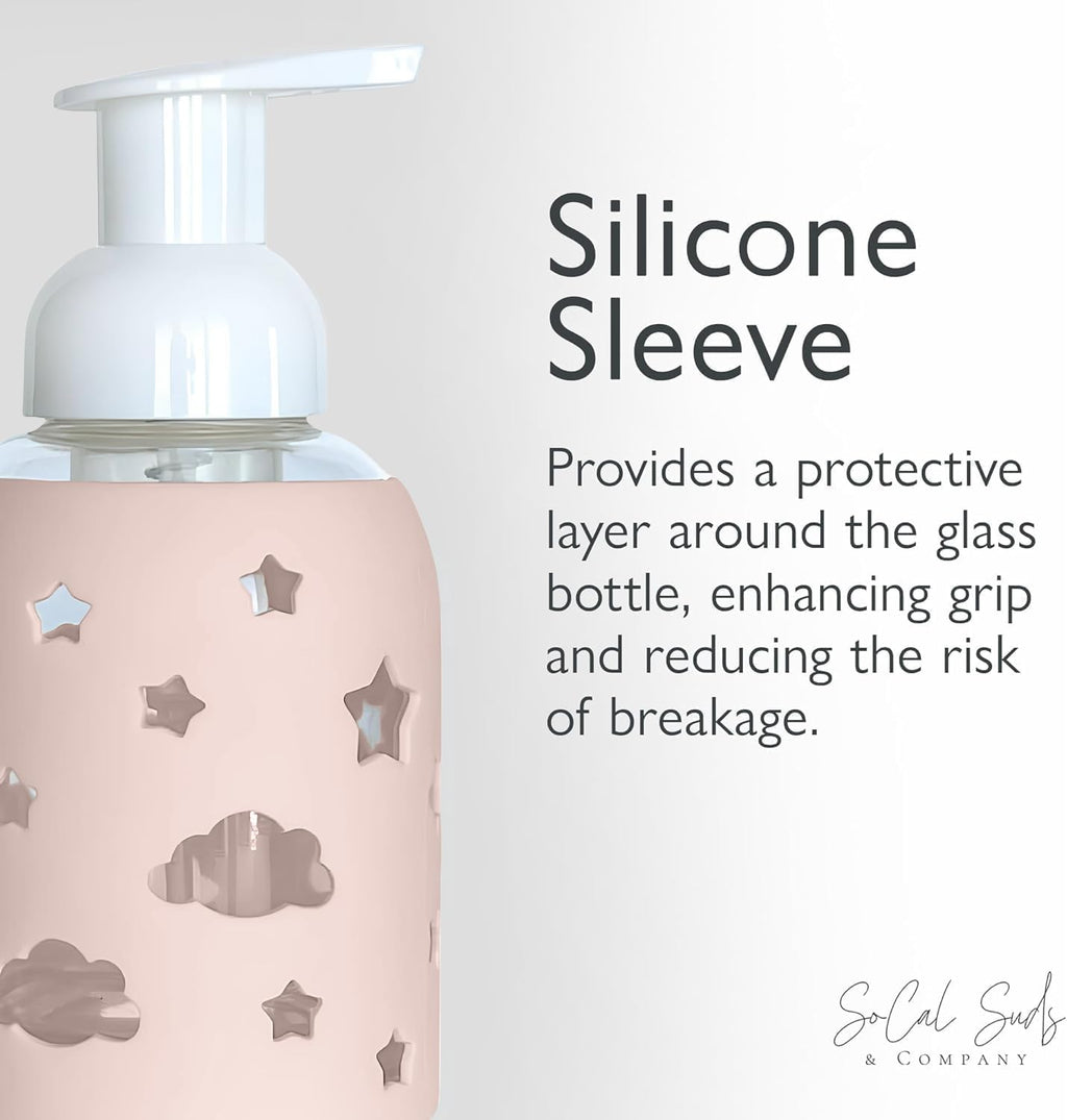 SoCal Suds & Company Glass Foaming Hand Soap Dispenser, Soft Grip Silicone Sleeve, Refillable Pump Bottle for Kids, Baby Wash & Shampoo, Ideal for Home Use, Light Pink 8oz
