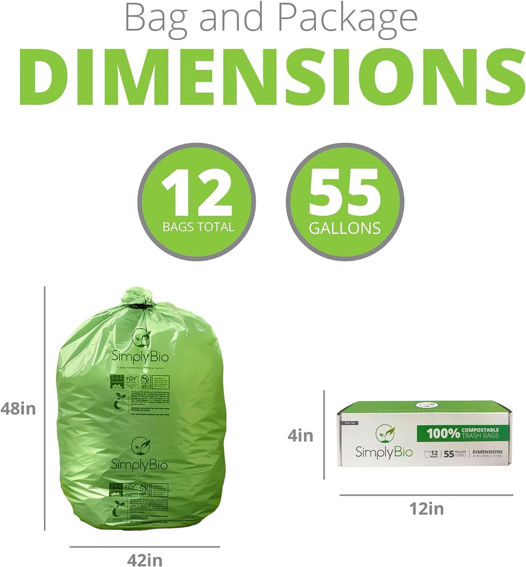 50-55 Gallon Compostable Trash Bags Flat-Top, Heavy Duty Extra Thick 1.57 Mil, 208.2 Liter, 12 Bags, Large Lawn and Yard Waste Bag, ASTM D6400, US BPI and OK Compost Home Certified