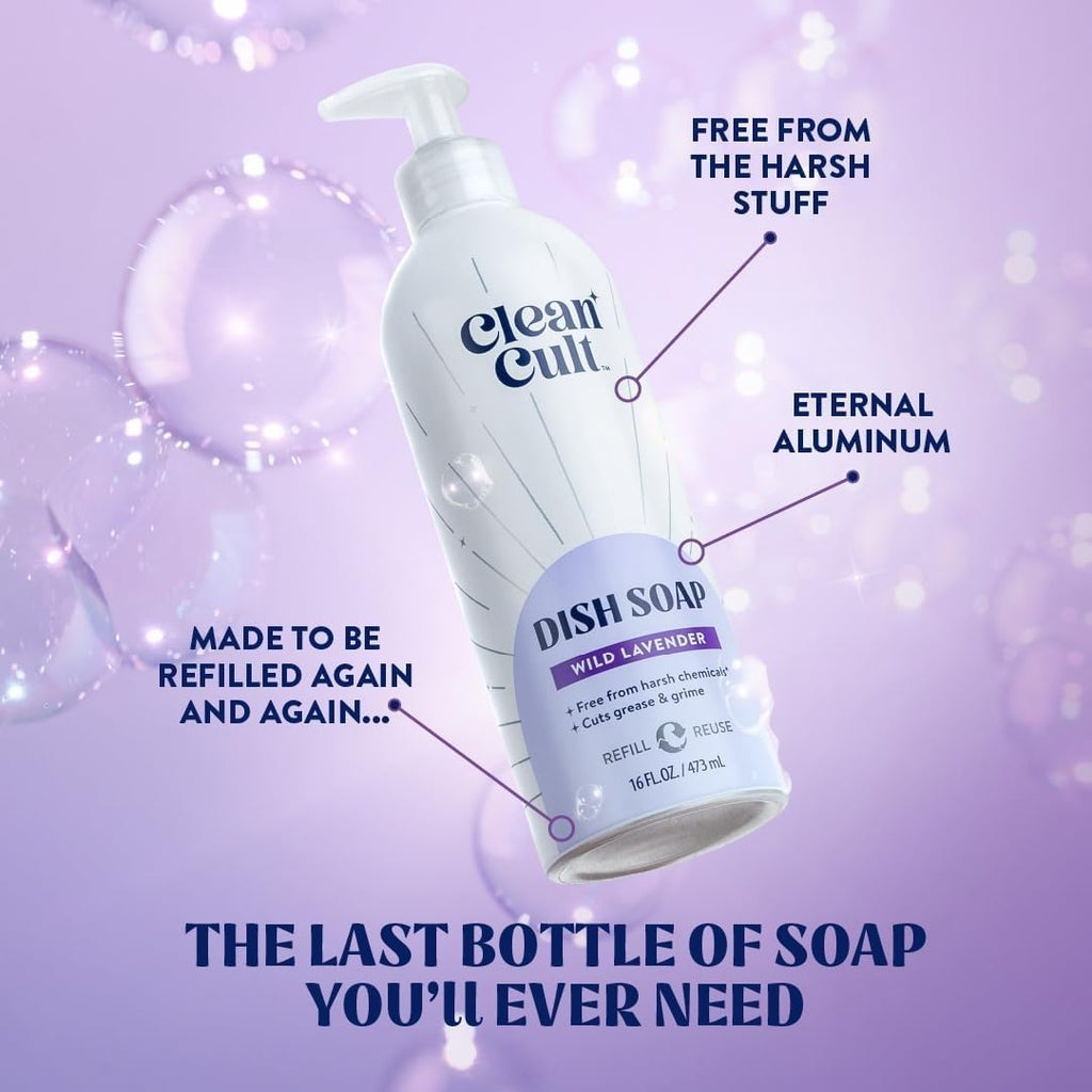 Bundle of Cleancult Dish Soap Liquid Refills (32oz, 1 Pack) Wild Lavender + Cleancult -Wild Lavender - Liquid Dish Soap - Refillable Aluminum Bottle - 16 oz