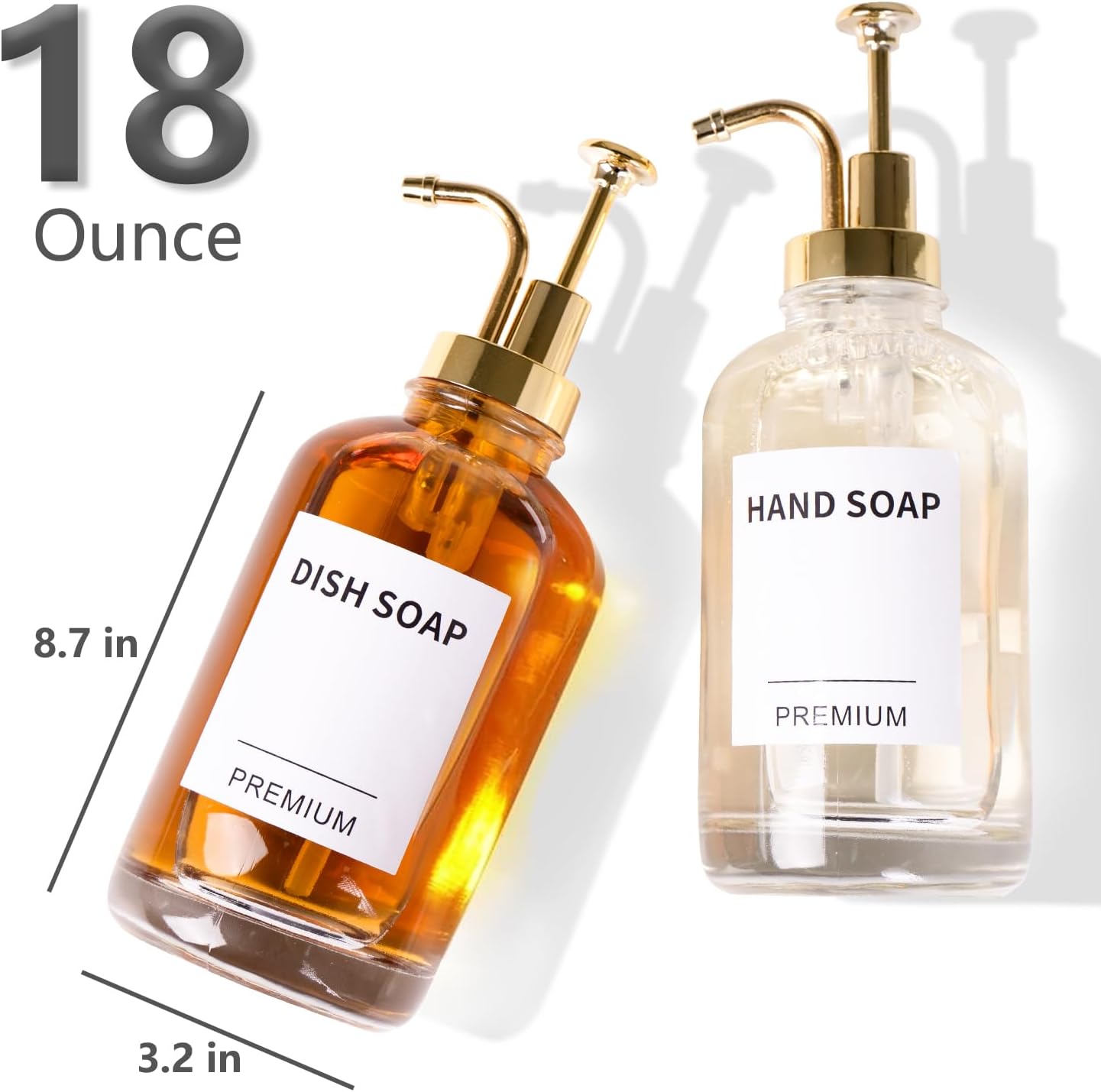 Dish Soap Dispenser for Kitchen, Hand Glass Soap Dispenser Set with Pump, Tray, Funnel for Bathroom, Shower, Laundry, Liquid, Lotion (Gold 2 Pack 18 Oz Clear Bottles with 12 Stickers)