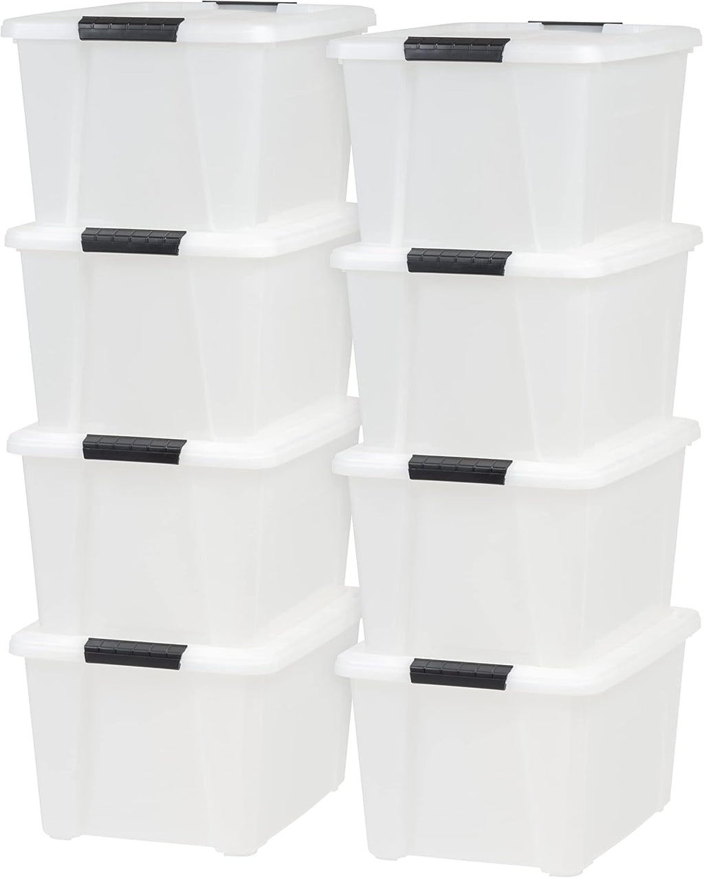 IRIS USA 33 Qt Stackable Plastic Storage Bins with Lids, 8 Pack - BPA-Free, Made in USA - Discreet Organizing Solution, Latches, Durable Nestable Containers, Secure Pull Handle - Pearl
