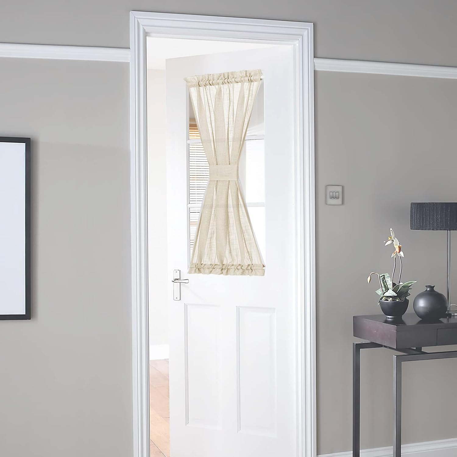 NICETOWN French Door Curtain - Linen Textured French Door Drape Privacy Open Weave Sheer Panel (30 inches Width by 40 inches Length, 1 Panel, Beige, Tieback Included)