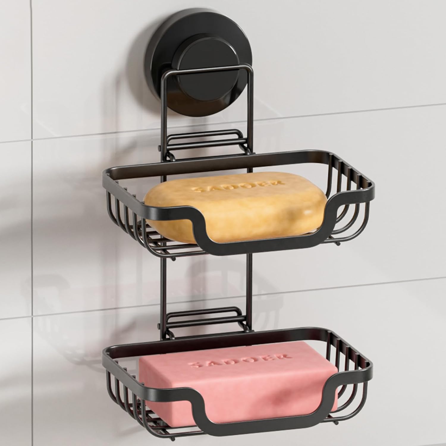 LEVERLOC 2 Tier Soap Holder, Soap Bar Dish for Shower Wall Mounted, Stainless Steel Suction Cup Sponge Holder for Bathroom Bathtub Kitchen Sink, Waterproof, Removable, Keep Dry, Black
