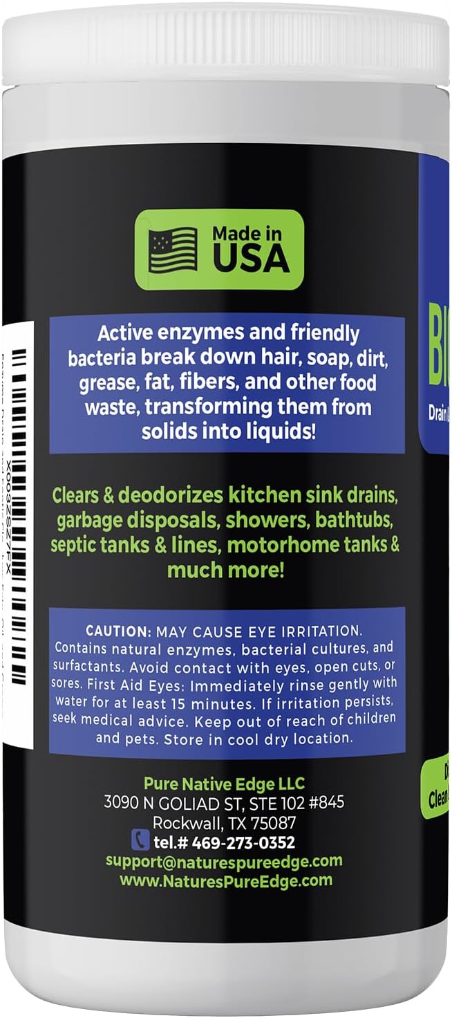 Enzyme Drain and Septic Cleaner and Friendly Bacteria Booster. Extra Large 2 lb. Deodorizes and Unclogs Pipes - Septic Tanks - RV Tanks-and More. No Caustic Chemicals! Dissolves Fats, Oil, and Grease.