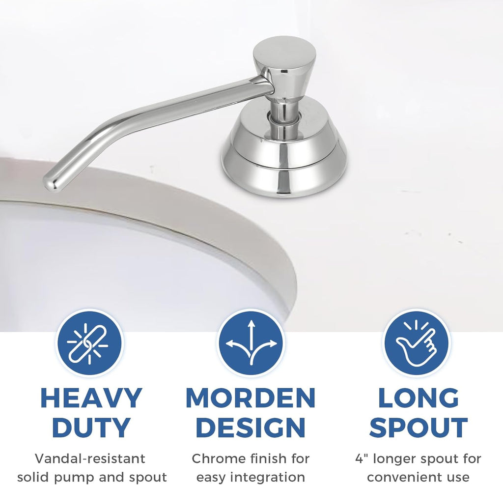 Heavy Duty Brass Countertop Liquid Soap Dispenser, Commercial Grade Top Fill Built-in Soap Dispenser with 34 oz/ 1L Bottle for Bathroom, Kitchen, Public Restroom, Chrome Finish, 4” Spout