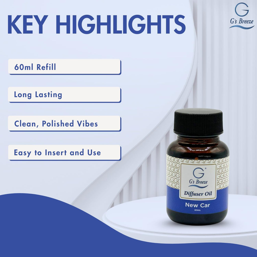 G's Breeze New Car Diffuser Oil Refill - Crisp & Fresh Scent Inspired by Luxury Vehicles – Long-Lasting Freshness for Home & Office – Enjoy a Refreshing Clean Aroma - 60 ML