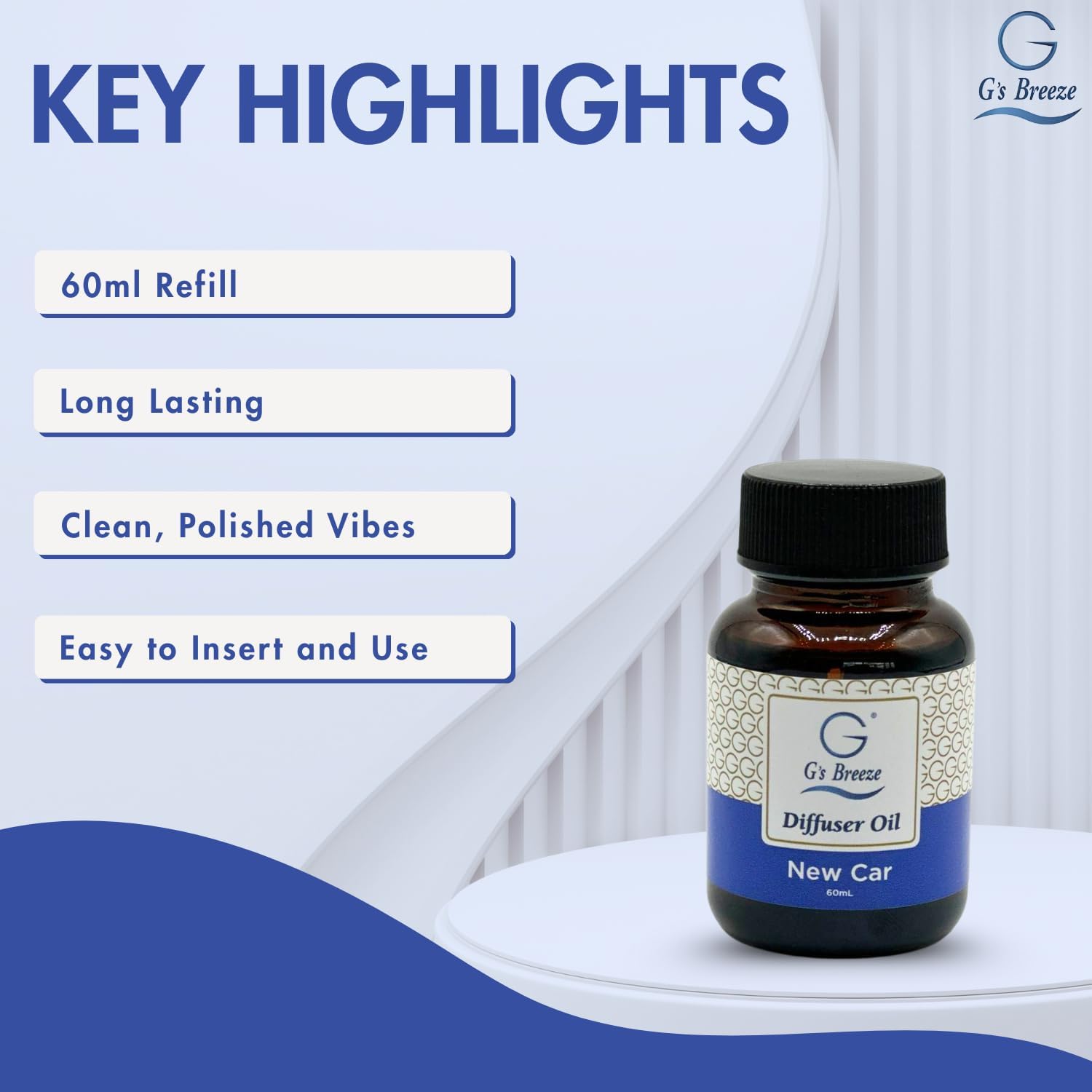 G's Breeze New Car Diffuser Oil Refill - Crisp & Fresh Scent Inspired by Luxury Vehicles – Long-Lasting Freshness for Home & Office – Enjoy a Refreshing Clean Aroma - 60 ML