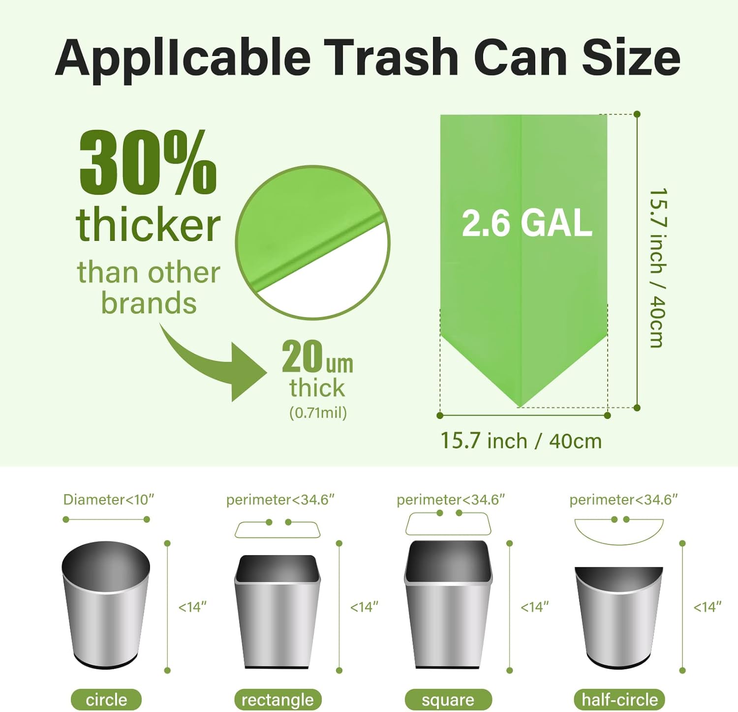 Compostable Trash Bags 2.6 Gallon 100 Counts Compost Small Garbage Bag for Kitchen Bathroom BPI Certified, Green