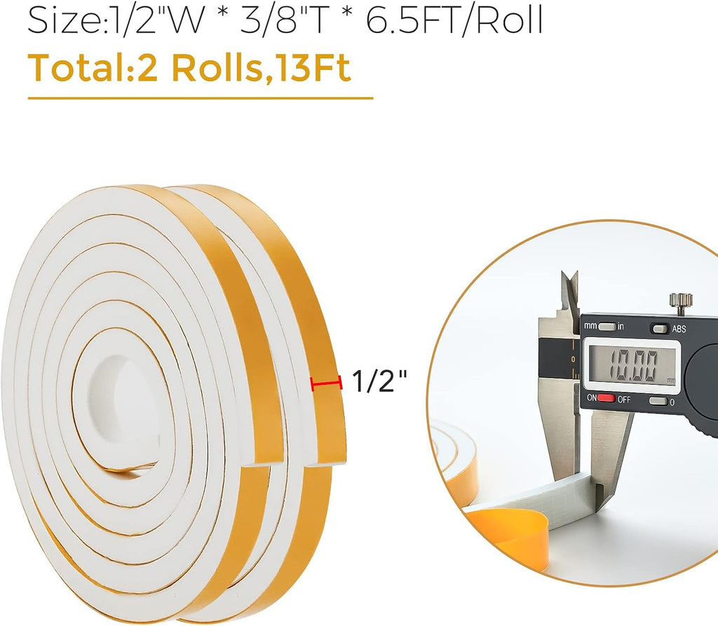 13 Feet Weather Stripping Door Seal, 1/2" Wide X 3/8" Thick Door Seal Strip High Density Foam Tape Adhesive Strip for Door Soundproofing,Window Insulation (1/2" x 3/8" x 13FT,White)