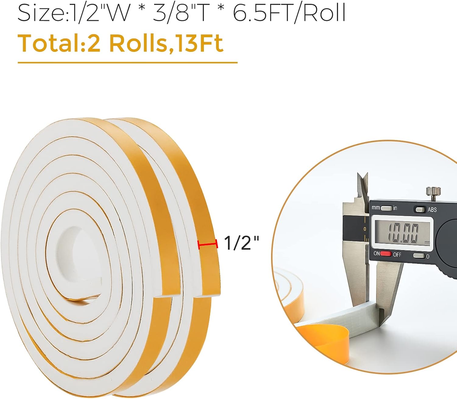 13 Feet Weather Stripping Door Seal, 1/2" Wide X 3/8" Thick Door Seal Strip High Density Foam Tape Adhesive Strip for Door Soundproofing,Window Insulation (1/2" x 3/8" x 13FT,White)