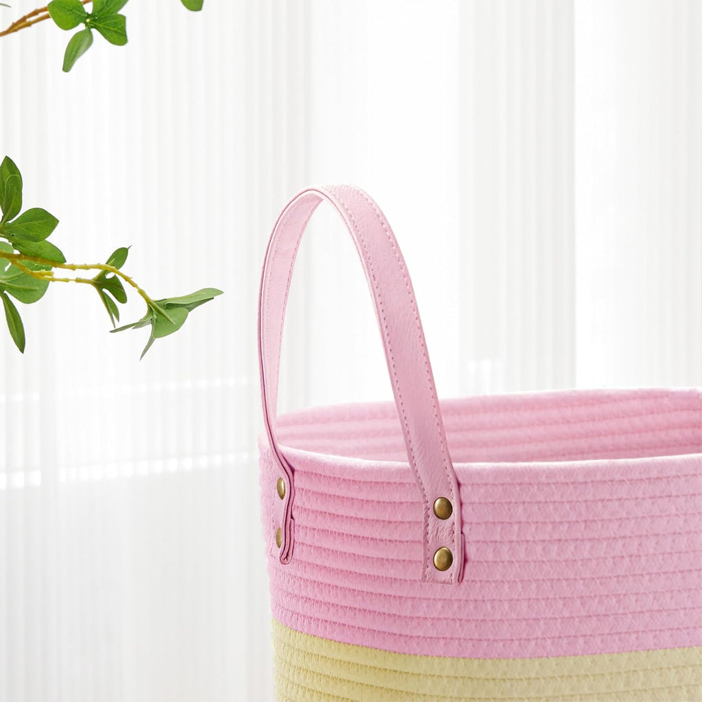 VIPOSCO Tall Laundry Basket, Large Dirty Clothes Hamper with Leather Handle, Woven Rope Storage Basket for Blanket, Toy In Living Room, Bathroom, Bedroom - 72L Rainbow