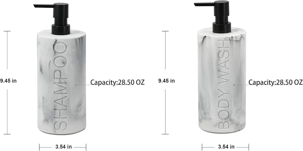 Marble Resin 2 Piece Shampoo and Body Wash Dispenser Set, Luxurious Refillable Pump Bottles with Matte Pump Top and Embossed Text, Durable Design for Bathroom and Shower
