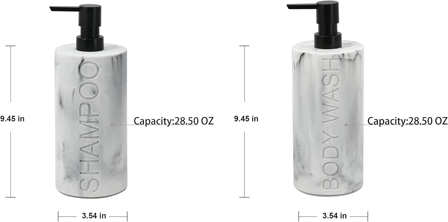 Marble Resin 2 Piece Shampoo and Body Wash Dispenser Set, Luxurious Refillable Pump Bottles with Matte Pump Top and Embossed Text, Durable Design for Bathroom and Shower