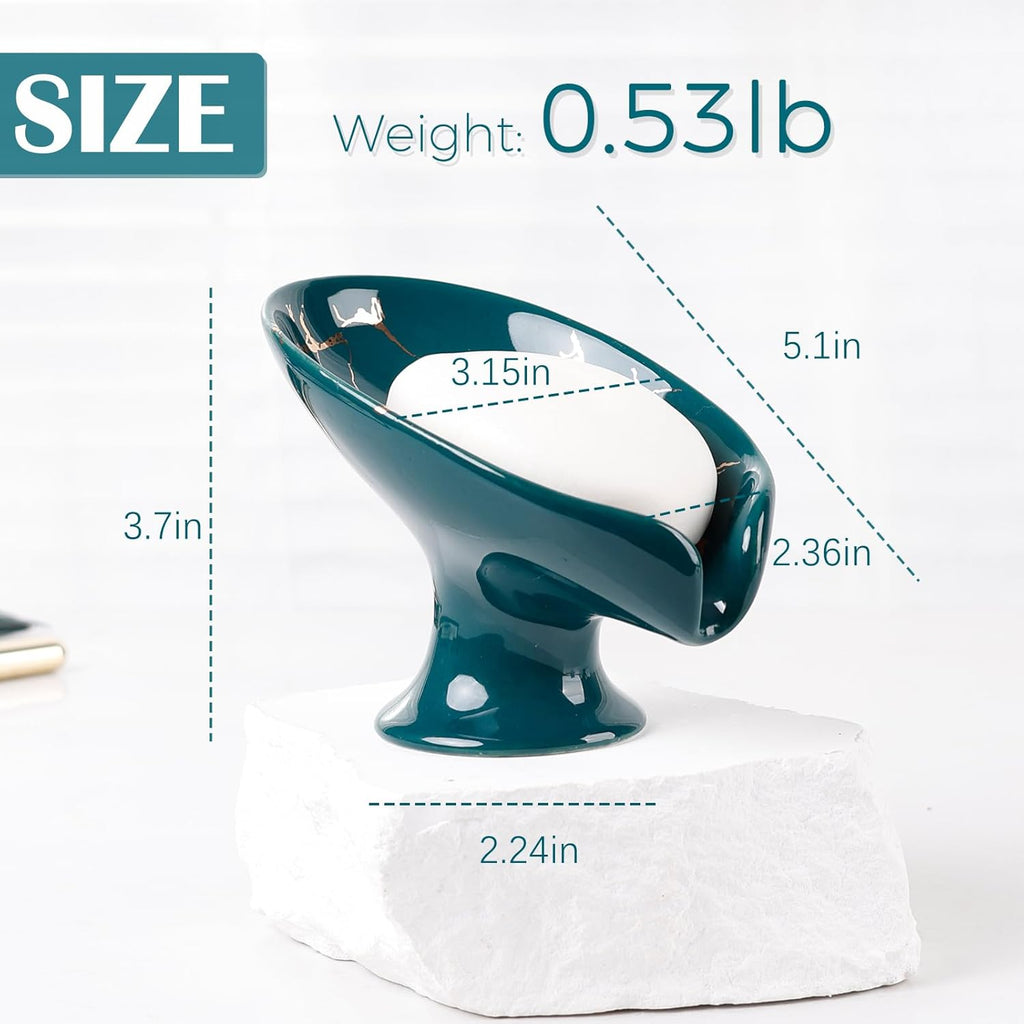 Soap Dish, Ceramic Soap Holder Self Draining Leaf Shape Bar Soap Holder, Marble Look Green Drain Soap Dish Holder for Bathroom, Easy to Clean Keeps Soap Dry, ANTIS'S HOME