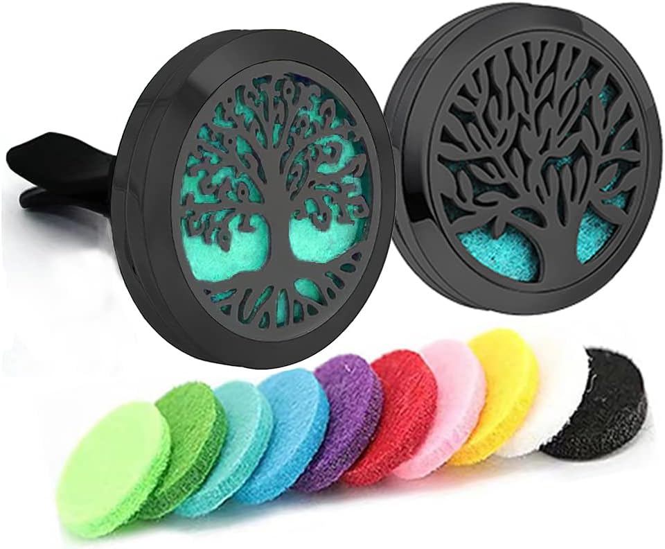 2Psc Black Car Aromatherapy Essential Oil Diffuser Locket Tree of Life Pattern Stainless Steel Car Air Fresheners Vent Clips Decorative