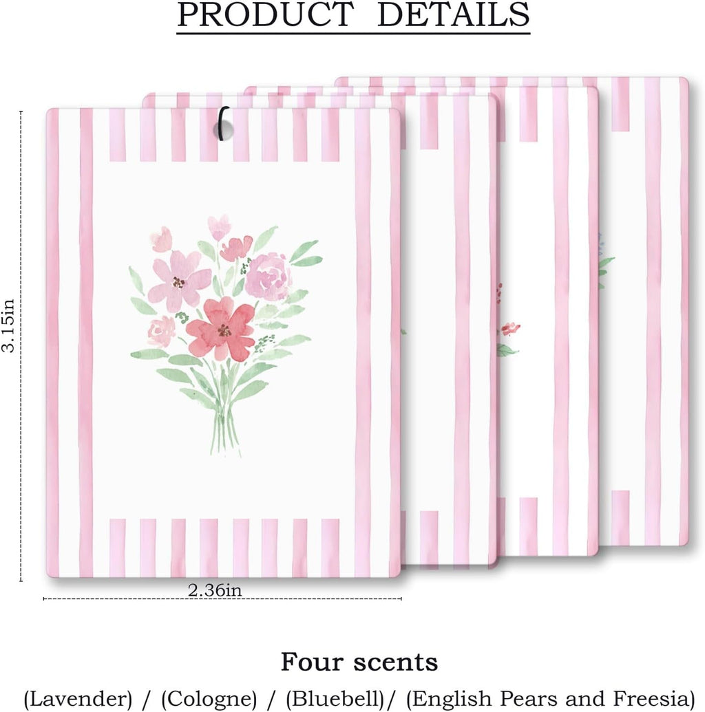 Girly Pink Floral Car Air Freshener 4 Pcs, Preppy Pink Striped Flower Hanging Scents Air Freshener for Women Girls Gifts, Cute Aesthetic Scented Car Accessories Decor for Room Closet Drawer