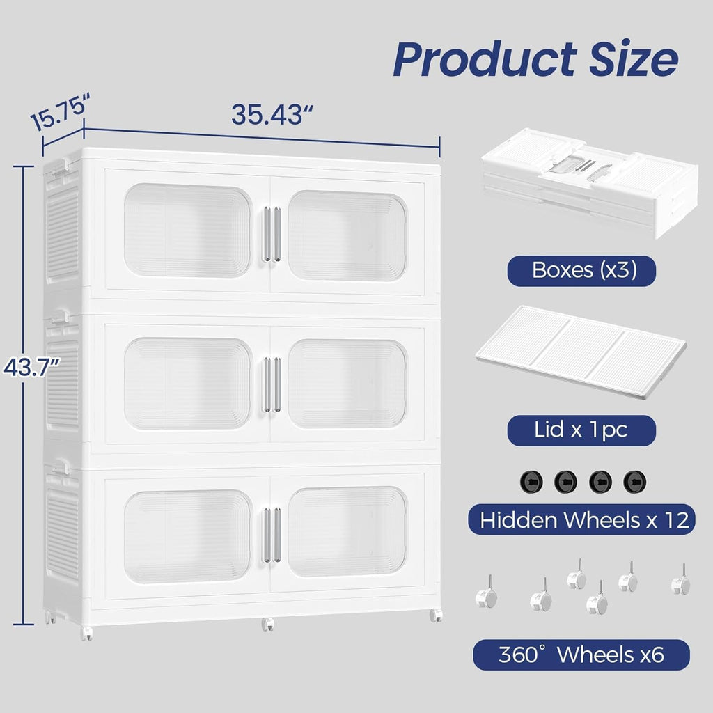 150GAL Extra Large Storage Bins with Lid, 600QT Storage Bins with Wheels, Folding Closet Organizer, Stackable Collapsible Plastic Storage Containers for Home, Office, Dorm, 3Pack White