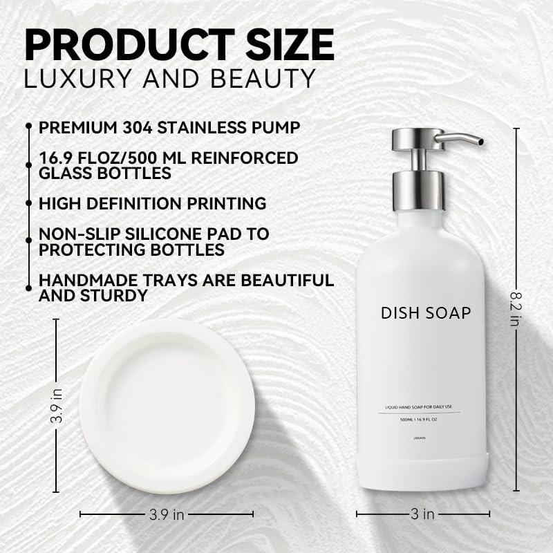Glass Soap Dispenser Set by Janxin,Bathroom Soap Dispenser Set with Ceramic Tray,Luxury Bathroom Accessories,Modern Kitchen Decor (White+Silver(Dish Soap))