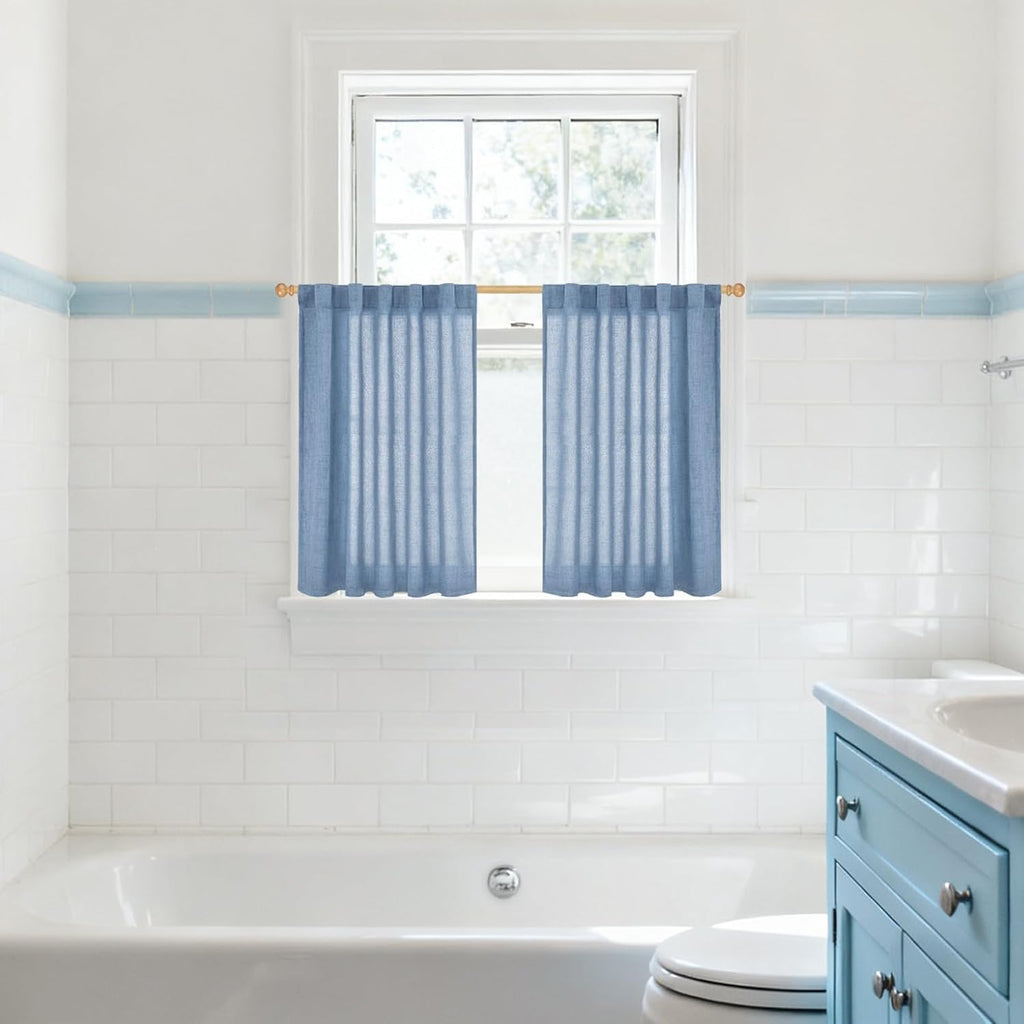 YoungsTex Denim Blue Linen Curtains 36 Inches Long for Bathroom Window, Small Drapes Light Filtering with Rod Pocket Back Tab Ocean Style for Kitchen Cafe Windows, 2 Panels, 42 X 36 Inch