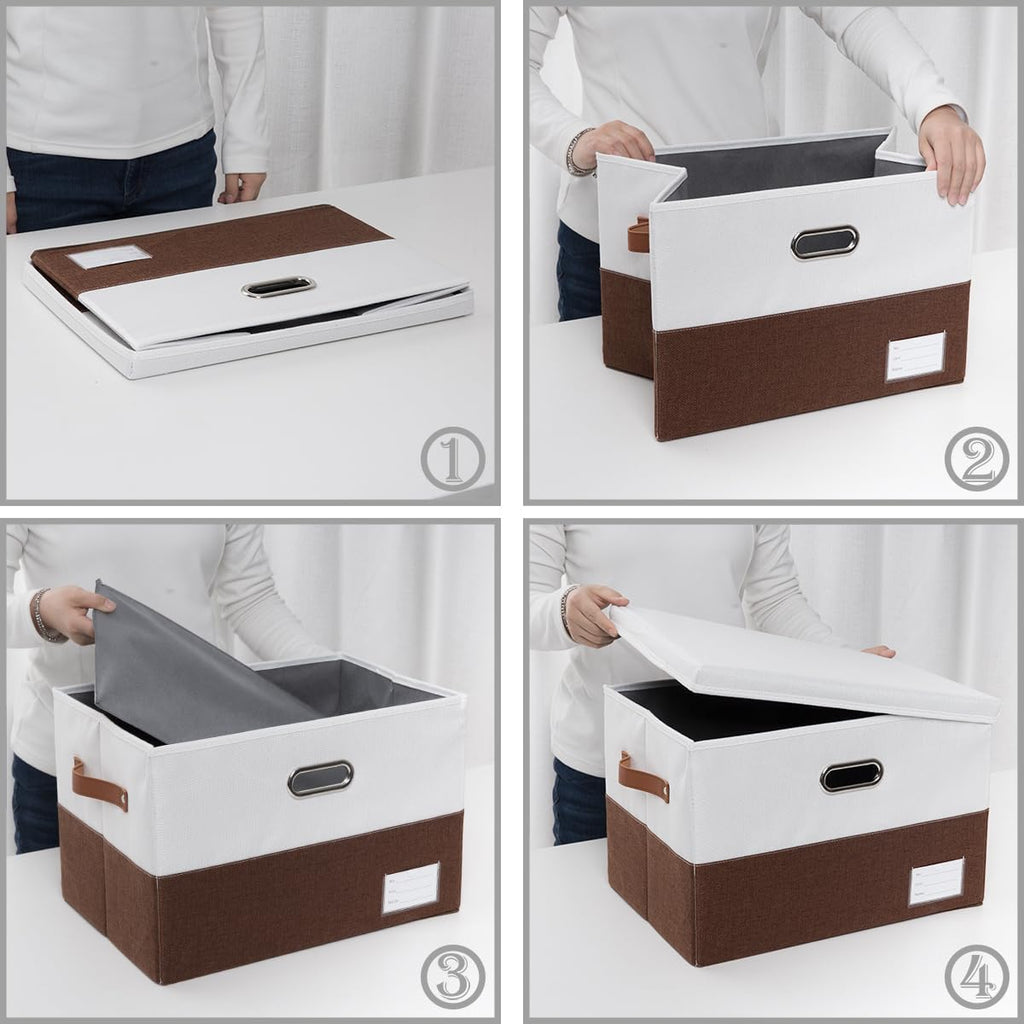 PRANDOM Foldable Storage Bins with Lids [3-Pack] Fabric Collapsible Storage Boxes Baskets Cubes Containers with Handles for Closet Living Room Bedroom (Brown & White 17.7x11.8x11.8'')