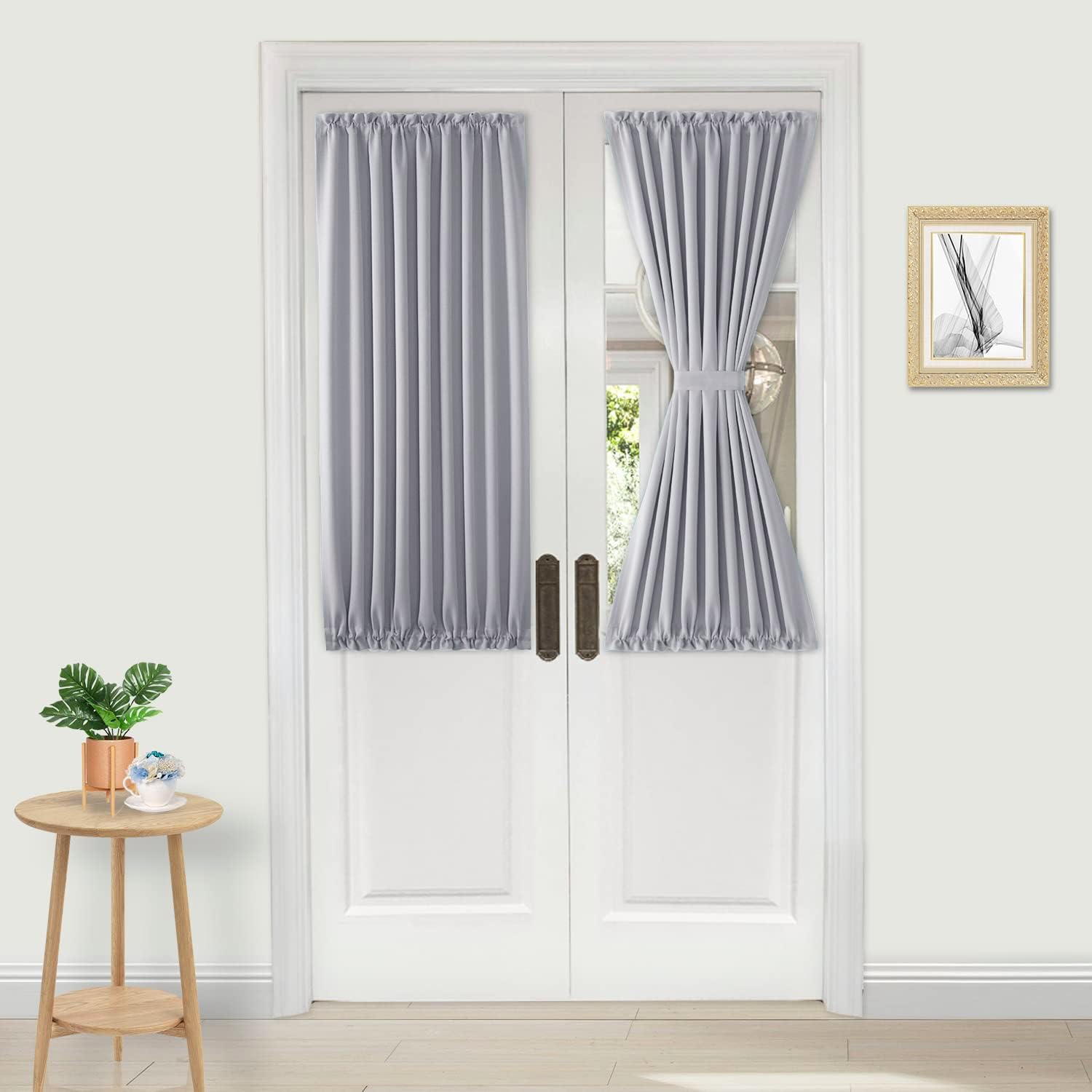 DWCN French Door Curtains – Rod Pocket Thermal Blackout Curtain for Doors with Glass Window, Kitchen and Patio Doors for Privacy, 25 X 40 Inches Long, 1 Curtain Panel with Tieback,Silver Grey