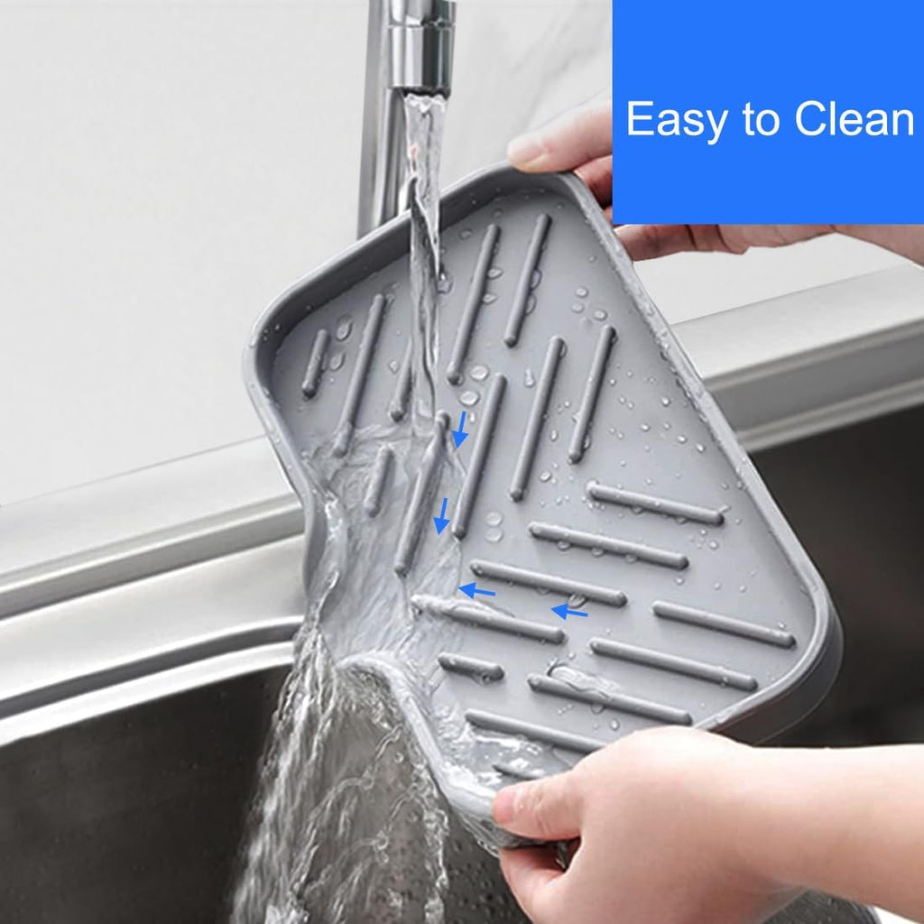 Sponge Holder for Kitchen Sink, Silicone Sponge Dish Tray with Drain Spout, Soap Dispenser Holder for Shower Bathroom (Grey, 9.8" x 4.9")