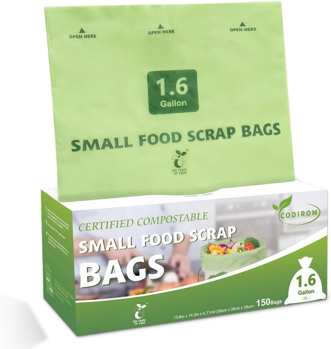100% Compostable 1.6 Gallon Trash Bags, 6 Liter, 150 Count Kitchen Food Scrap Small Compost Bags for Countertop Bin with Europe EN13432 Certified