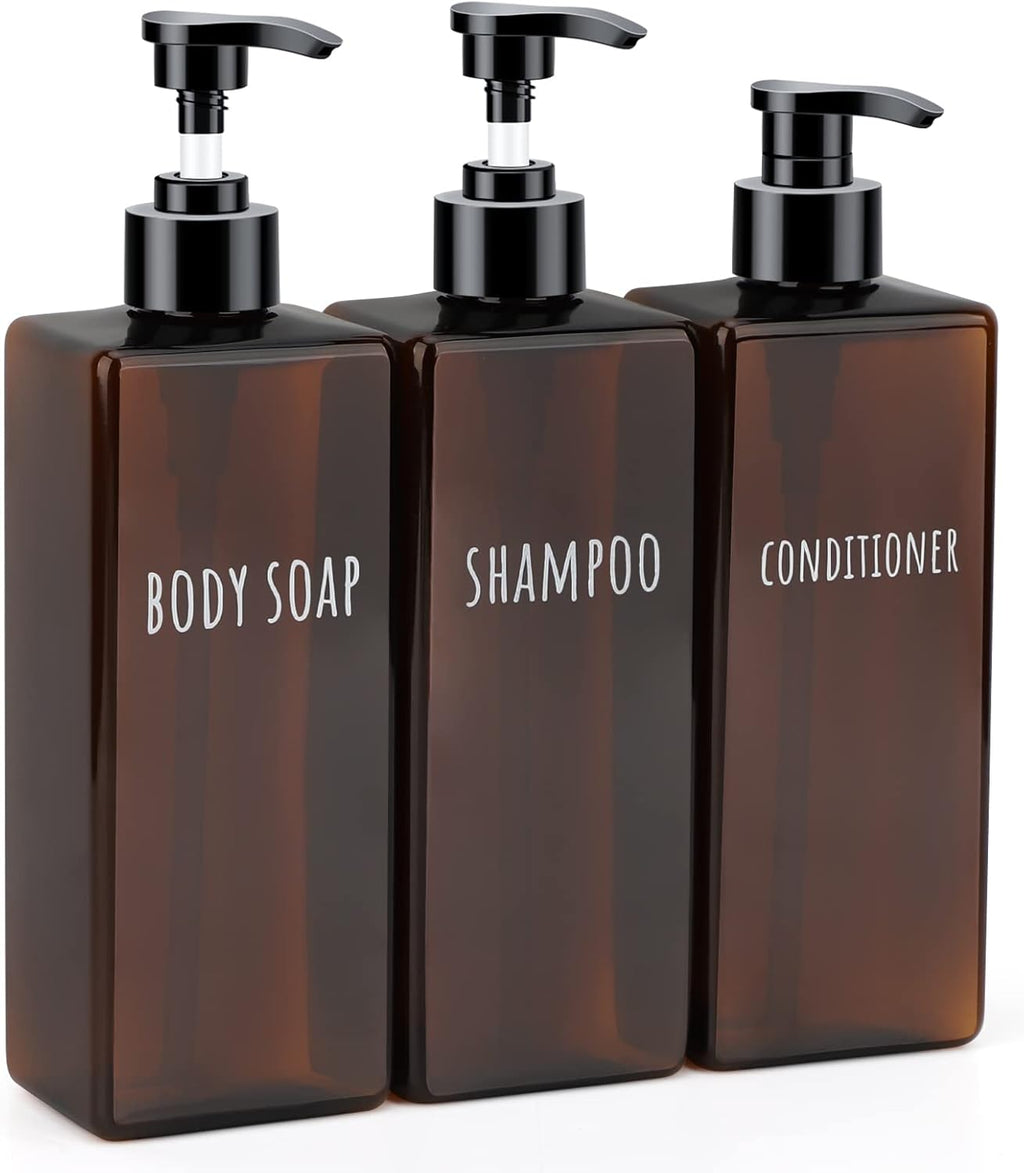 Segbeauty 16.9oz Lotion Dispenser, 3pcs Refillable Square Shampoo Bottles with Pump, 500ml Empty Plastic Bathroom Shower Bottles Liquid Soap Container Body Wash Dispenser for Home Hotel Travel Amber
