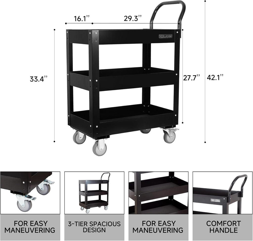 3 Tray 29.3 inch Tool Cart, self Assembly, 300 LBS Capacity Rolling Tool Carts on Wheels, Heavy Duty Utility Cart, Mechanic Tool Storage Cart for Garage, Warehouse and Repair Shop, Black