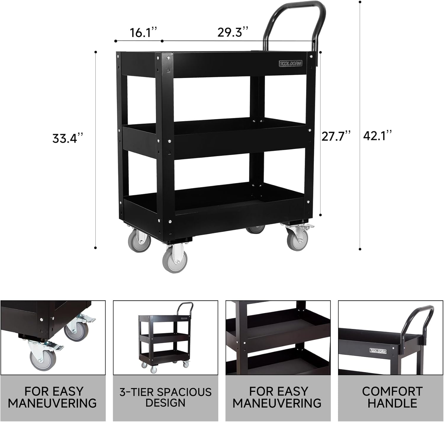 3 Tray 29.3 inch Tool Cart, self Assembly, 300 LBS Capacity Rolling Tool Carts on Wheels, Heavy Duty Utility Cart, Mechanic Tool Storage Cart for Garage, Warehouse and Repair Shop, Black